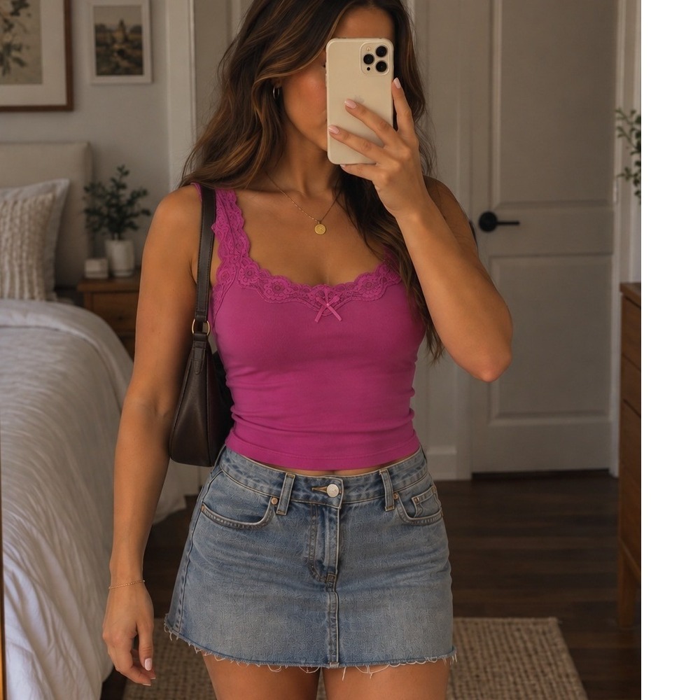 Sigrid Olsen Y2K Magenta Pink Lace Trim Tank Top Scalloped Cami S Coquette